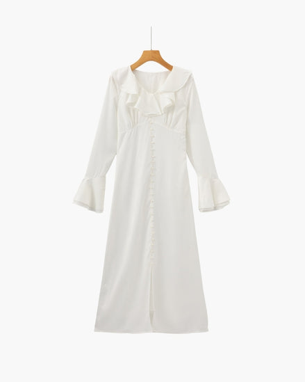 Pearl Button Ruffle Midi Dress